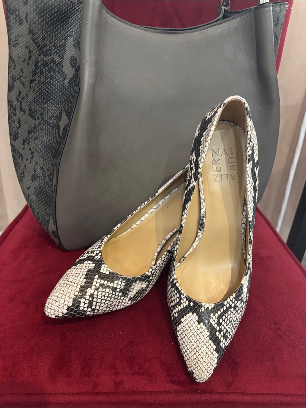 Naturalizer Snake-Print Pointed Toe Pumps in Black and White